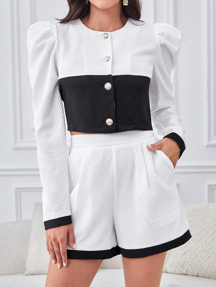 Two Tone Gigot Sleeve Crop Jacket & Shorts