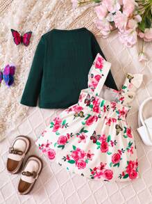 Bebé niña Camiseta unicolor & con estampado floral ribete con fruncido Vestido overol - Multicolor - Ver 2