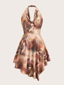 SHEIN ICON 人像圖案前垂褶繞頸露背洋裝 - 彩色 - 查看 7