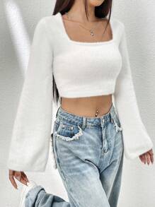 Muchica Square Neck Crop Fuzzy Knit Top - White - View 6