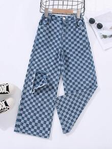 女大童棋盤格彈性腰帶闊腿牛仔褲 - 中等水洗藍 - 查看 2