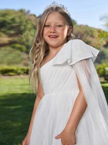 Tween Girl Asymmetrical Shoulder Bow Detail Ruffle Hem Mesh Overlay Dress - White - View 5