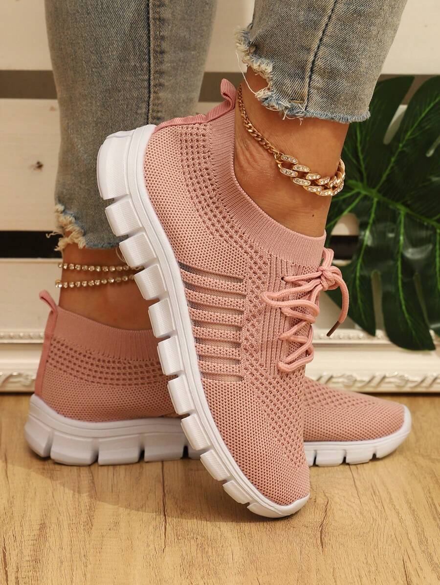 Women's Fashionable Breathable Knitted Lace-Up Sports Shoes For All Seasons, Suitable For Running And Casual Wear - Hồng - Xem 1