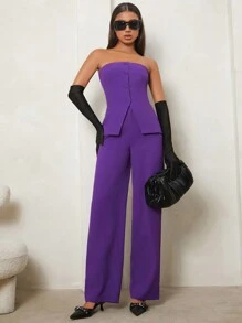 SHEIN Tall 素色前紐扣抹胸上衣和褲子 - 紫色 - 查看 3