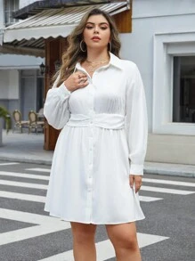 SHEIN Essnce 大碼素色前紐扣襯衫洋裝 - 白色 - 查看 3