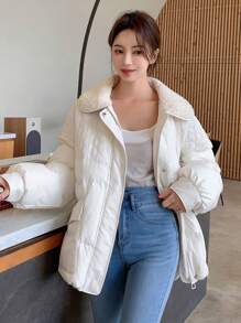 DAZY Flap Pocket Drop Shoulder Puffer Pockets Coat ,Winter Women Clothes,Winter Coat Women - White - View 3
