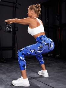 紮染運動打底褲 - 藍色 - 查看 4