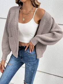 SHEIN Frenchy Raglan Sleeve Pocket Patched Cardigan - Apricot - View 4