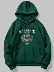 ROMWE MEN Prep 男士字母圖案插肩袖抽繩保暖襯裡連帽衫 - 墨綠色 - 查看 1