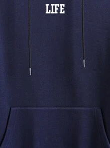 Manfinity 男士標語&天使印花袋鼠口袋抽繩保暖連帽衫 - 藏蓝色 - 查看 5