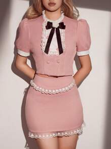 SHEIN Unity Ren tương phản Nơ mặt trước Ống tay áo Top Cây trồng & Váy bodycon - Hồng - Xem 1