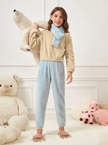 Tween Girl Drop Shoulder Flannel Top & Pants PJ Set With Scarf - Multicolor - View 5