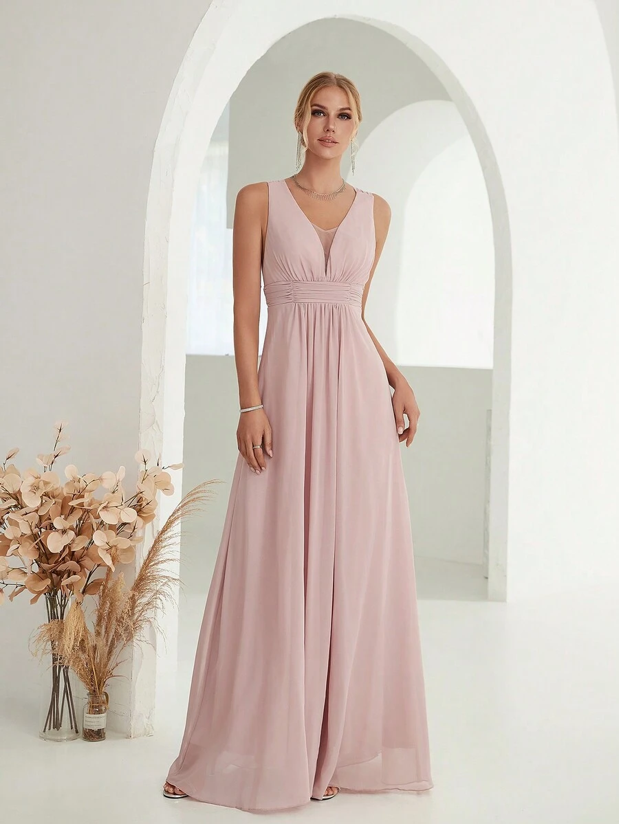 Plunging Neck Ruched Waist Chiffon Bridesmaid Dress - Pink - View 1