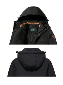 Men Letter Patched Zip Up Thermal Hooded Coat - Black - View 3