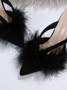 Ciabatte con tacco alto e soffici piume per donna, con punta affusolata e tacco a stiletto, sandali con punta chiusa in stile europeo - nero - Visualizzare 6