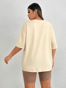 SHEIN EZwear 大碼字母圖案落肩T恤&騎行褲 - 彩色 - 查看 2