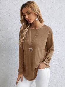 EMERY ROSE Women's Casual Solid Color Button Back Curved Hem T-Shirt Women Long Sleeve Tops Grey Tops For Women Gray Blouse Women Solid Color T Shirt Tops Women Women Women's Fall Clothes - Khaki - View 3