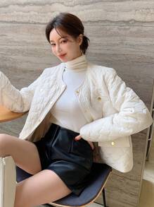 Chất rắn Nút phía trước Áo khoác Quilted - trắng - Xem 1