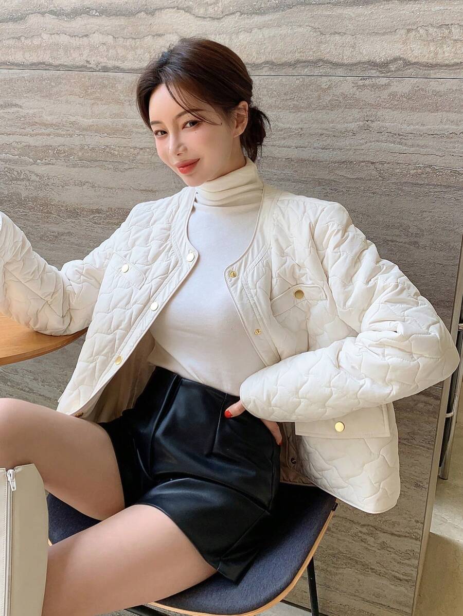 Chất rắn Nút phía trước Áo khoác Quilted - trắng - Xem 1