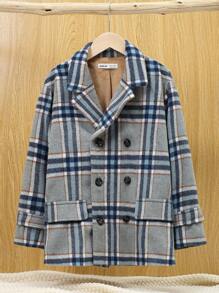 SHEIN 男大童格紋雙排釦翻蓋細節毛絨內襯花呢外套無毛衣