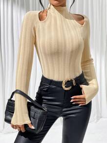 SHEIN Privé Cut Out Raglan Sleeve Sweater - Khaki - View 2
