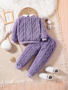 SHEIN Áo và quần có cổ tương phản của cô gái trẻ - Màu tím - Xem 2