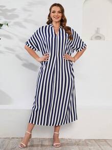 SHEIN LUNE Plus Striped Print Notched Neckline Batwing Sleeve Dress - Navy Blue - View 3