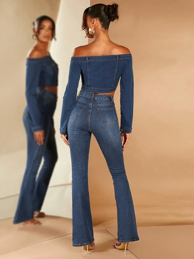 Off Shoulder Flap Detail Button Front Crop Denim Jacket