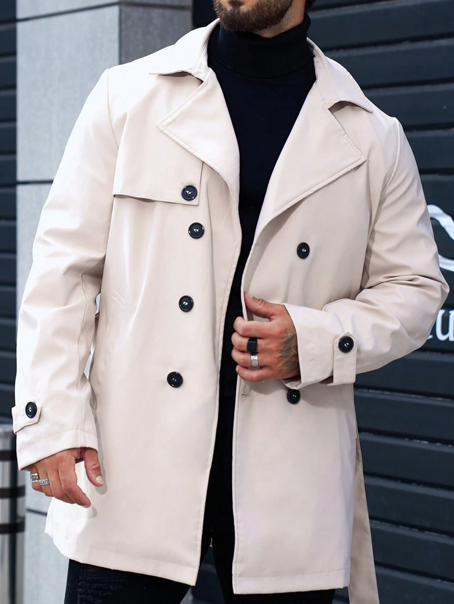 Manfinity Homme Nam Đôi ngực Thắt lưng Áo khoác Trench - Màu Khaki - Xem 1