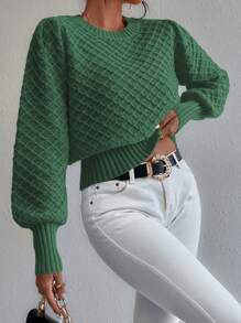 SHEIN LUNE Pull en tricot à manches lanternes en argyle, pull-over d'automne-hiver - Vert sapin - Voir 3