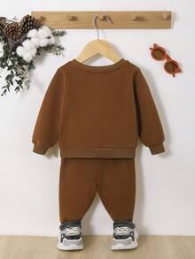 SHEIN 男嬰卡通圖案衛衣和衛褲 - 棕色 - 查看 3