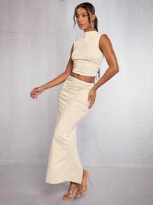 SHEIN X Jessie SHEIN BAE Mock Neck Tank Top & Ruched Skirt - Apricot - View 4