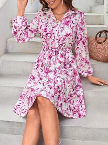 SHEIN VCAY Floral Print Lantern Sleeve Belted Shirt Dress - Multicolor - View 6