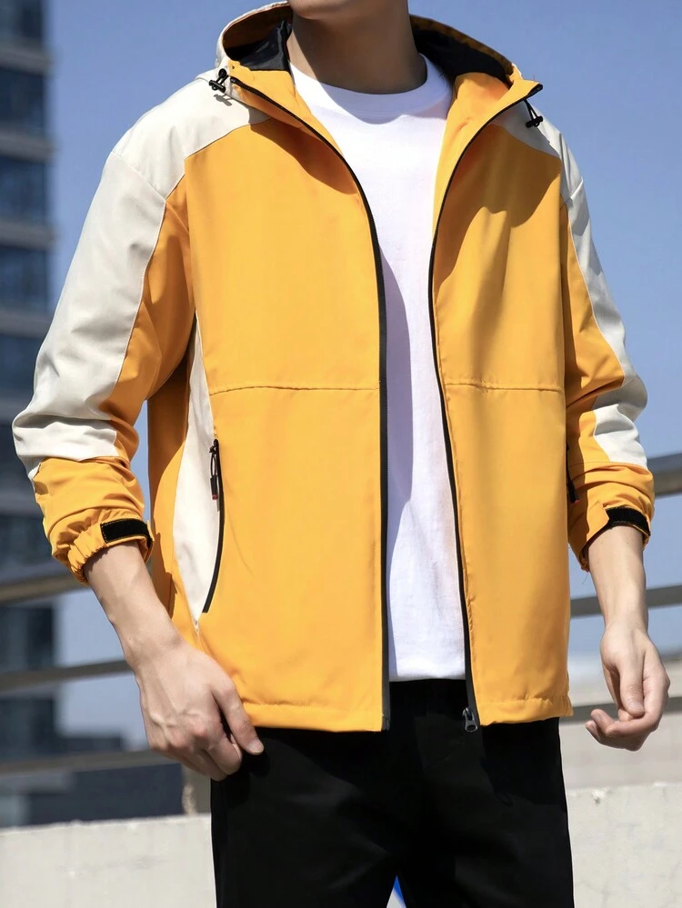 Men's Oversized Color Block Zipper Hooded Jacket