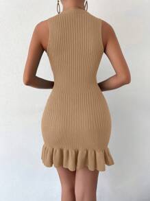 SHEIN Privé 荷葉邊毛衣洋裝不附腰帶 - 駝色 - 查看 2