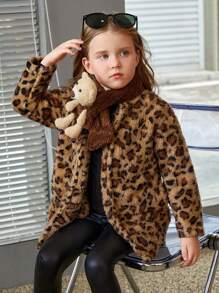 SHEIN Young Girl Leopard Print Teddy Coat With Scarf - Multicolor - View 1