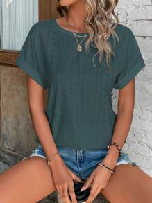 SHEIN LUNE Eyelet Embroidery Batwing Sleeve Tee - Dark Green - View 5