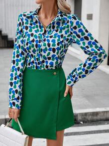 SHEIN Clasi Allover Print Shirt & Wrap Skirt - Green - View 1