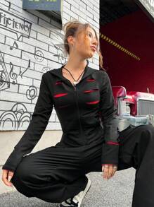 SHEIN EZwear 拉鏈開襟連帽夾克 - 黑色 - 查看 4