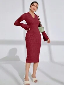 Modelyn Burgundy Red Solid Ribbed Knit Bodycon Sweater Dress - Burgundy - View 5
