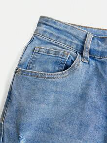 青少年女孩破洞牛仔褲不附腰帶 - 淺色水洗藍 - 查看 4