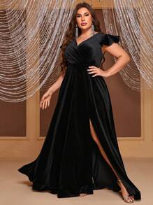 YISIKADO Plus Surplice Neck Split Thigh Dress