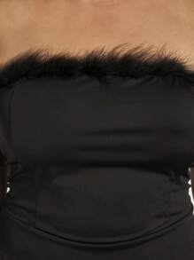 SHEIN SXY Plus Fuzzy Trim Asymmetrical Hem Tube Dress - Black - View 6