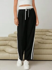 SHEIN Essnce Tương phản Đường may bên Eo dây rút Quần - màu đen - Xem 4