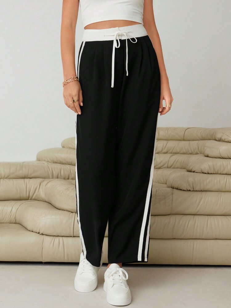 SHEIN Essnce Tương phản Đường may bên Eo dây rút Quần - màu đen - Xem 4
