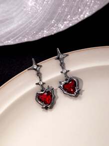 ROMWE Goth 1pair Fashion Zinc Alloy Rhinestone Heart & Star Decor Drop Earrings For Women For Daily Decoration - Red - View 1