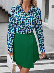 SHEIN Clasi Allover Print Shirt & Wrap Skirt - Green - View 3