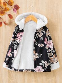 SHEIN 女小童印花毛絨內襯連帽外套