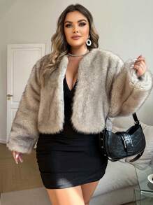 SHEIN BAE Áo khoác lông giả Ombre thời trang cỡ lớn, mùa thu/đông - Màu Khaki - Xem 5