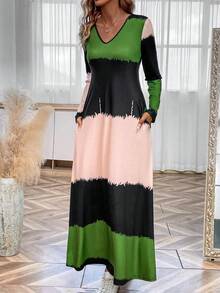 SHEIN LUNE Color Block Hidden Pocket Dress - Black - View 6